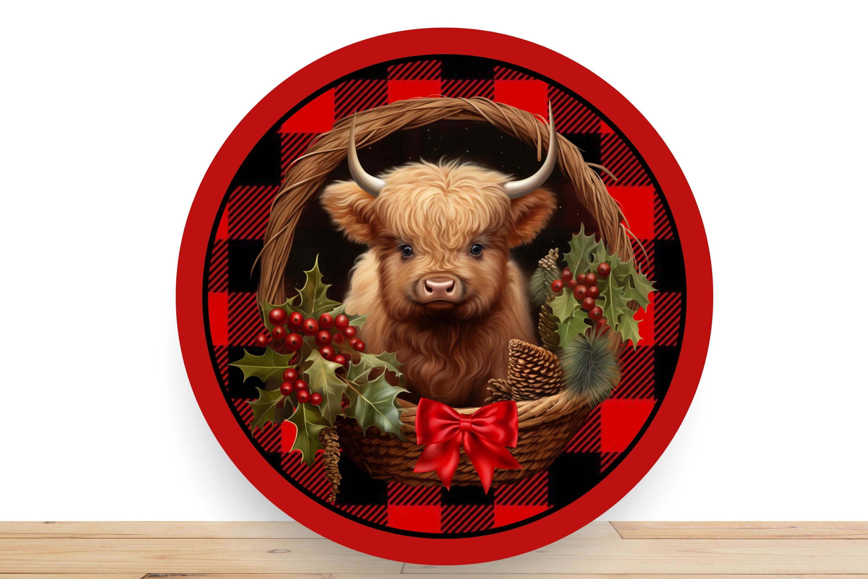 Christmas Highland Cow Wreath Sign, Black and Red Buffalo Plaid Sign,
