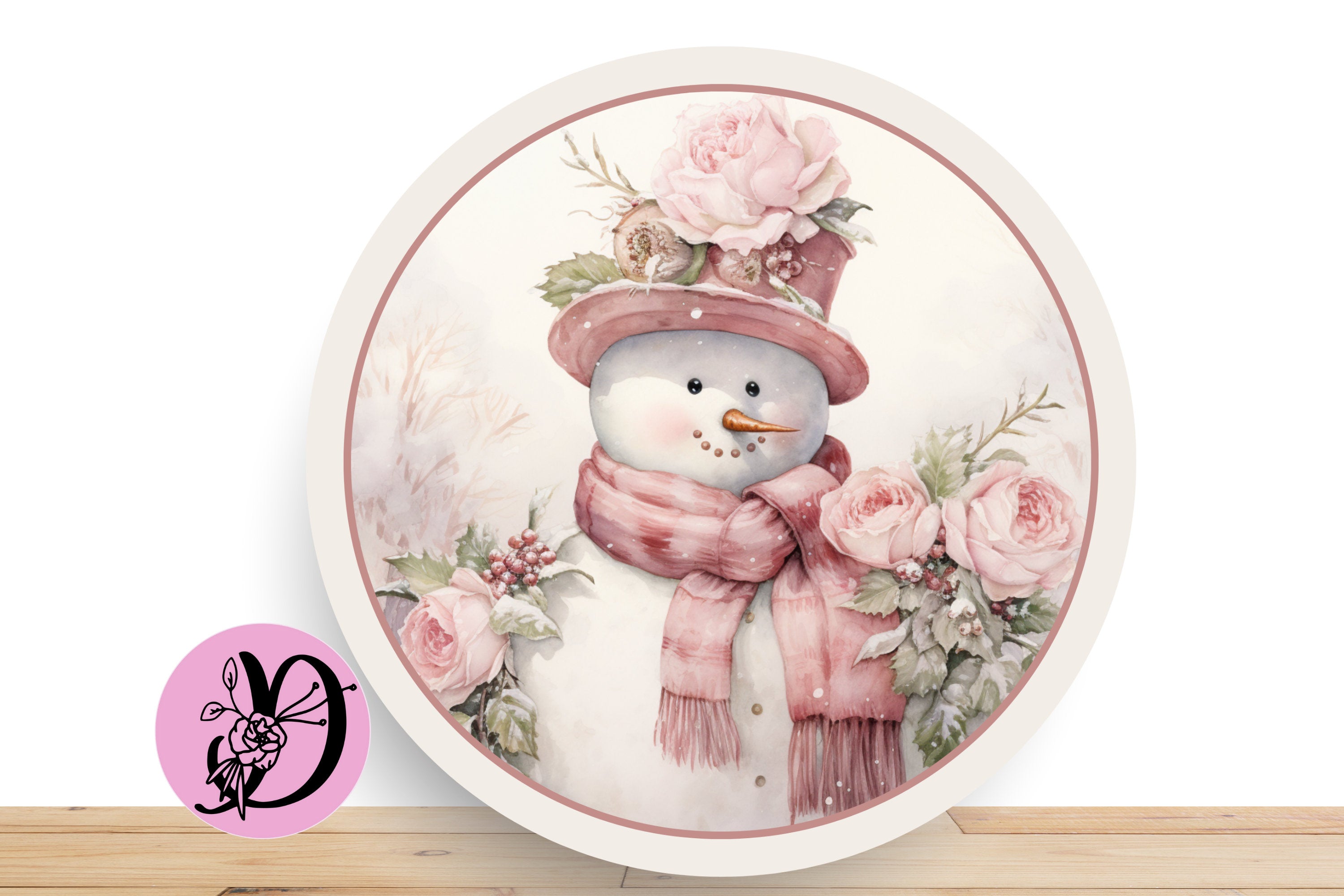 Pink Snowman Wreath Sign With Floral, Christmas Wreath Sign
