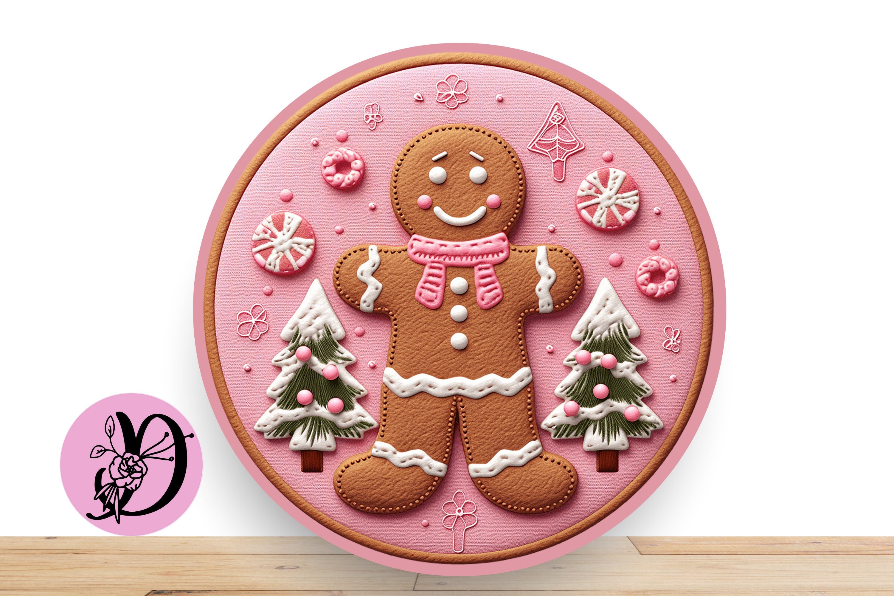 Pink Gingerbread Wreath Sign, Christmas Round Wreath Sign, Gingerbread Decorations