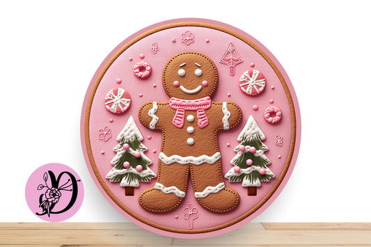 Pink Gingerbread Wreath Sign, Christmas Round Wreath Sign, Gingerbread Decorations