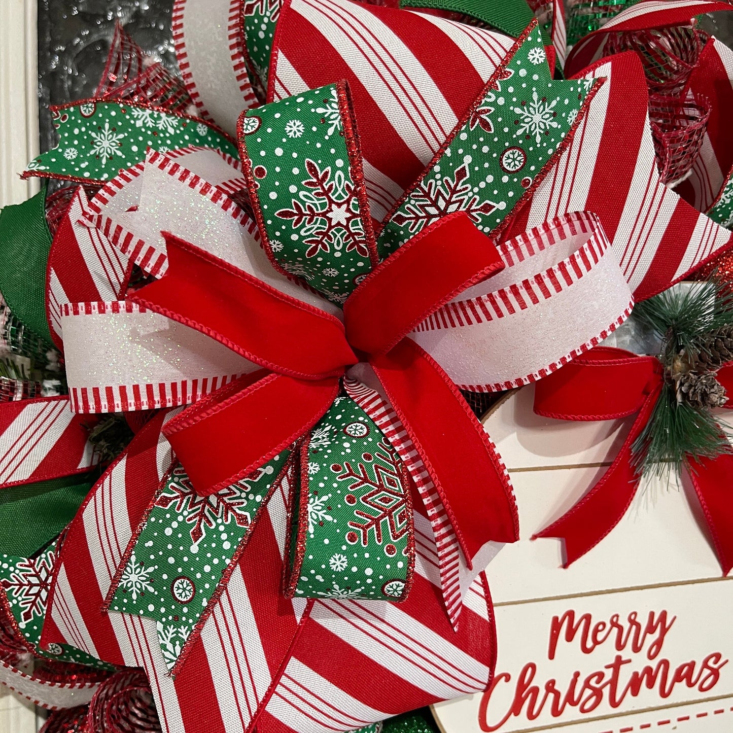 Handmade Merry Christmas Wreath - Festive Red and Green Holiday Door Decor - Christmas Ribbon Wreath with Merry Christmas Sign