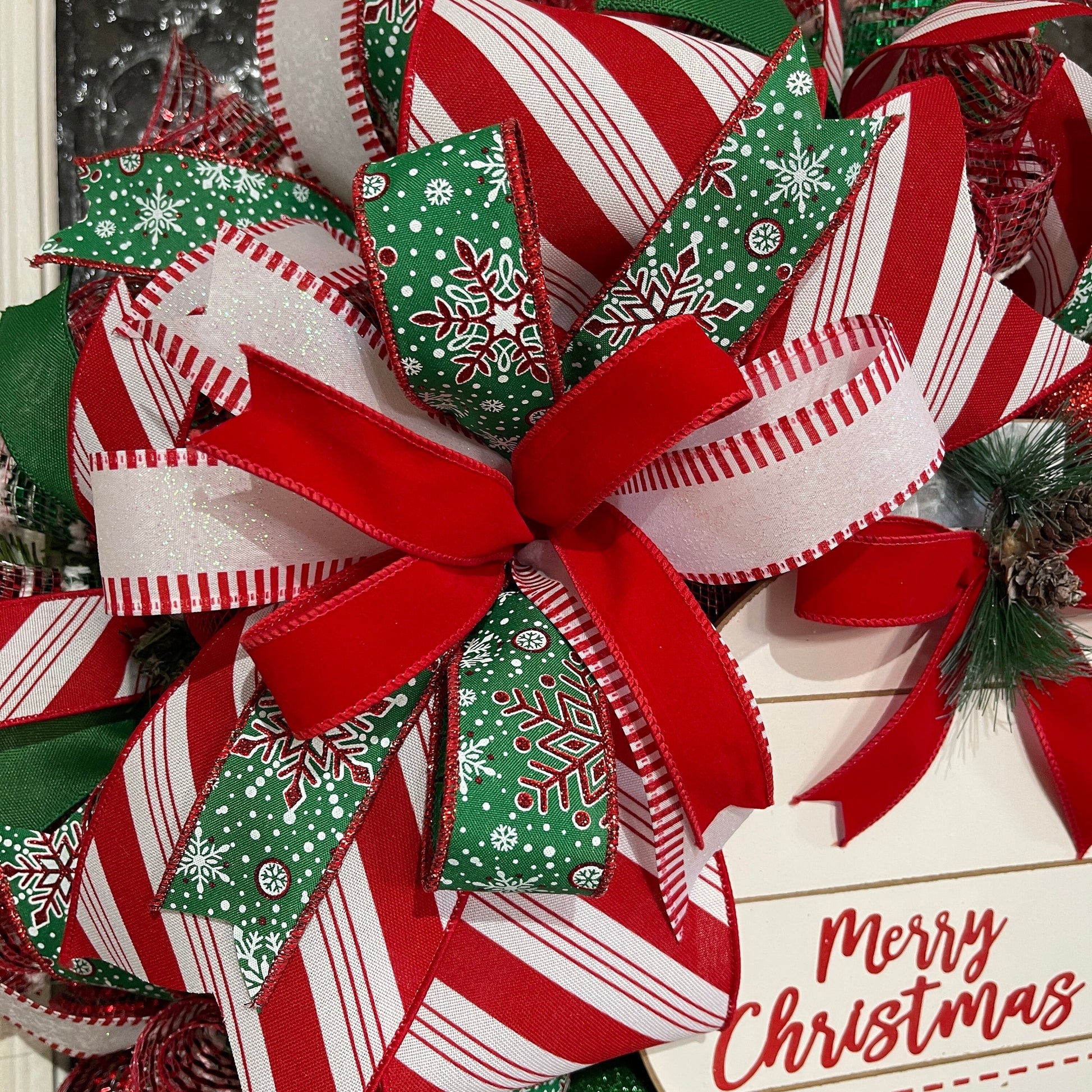 Handmade Merry Christmas Wreath - Festive Red and Green Holiday Door Decor - Christmas Ribbon Wreath with Merry Christmas Sign