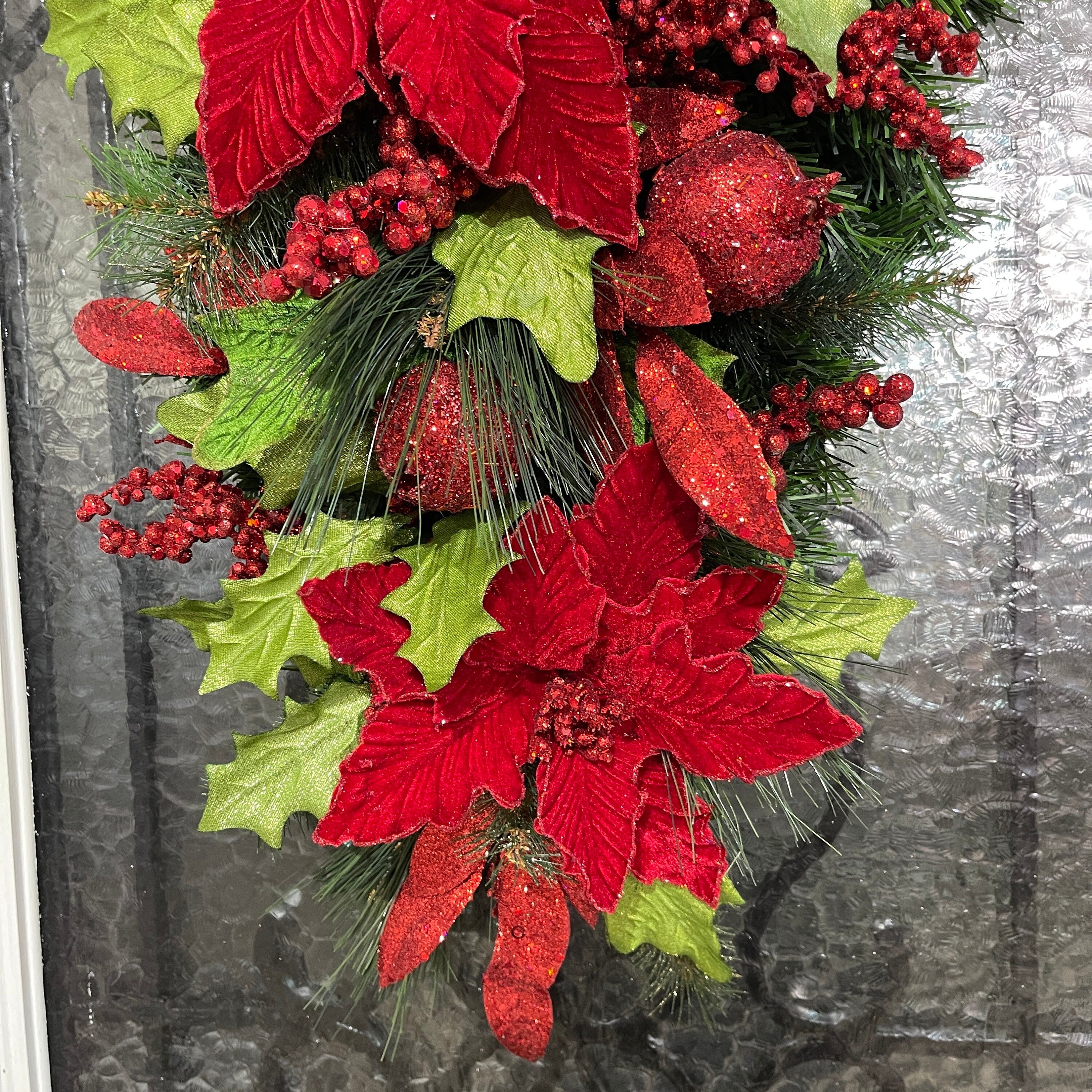 Christmas Poinsettia Swag Wreath, Red and Gold Poinsettia Swag