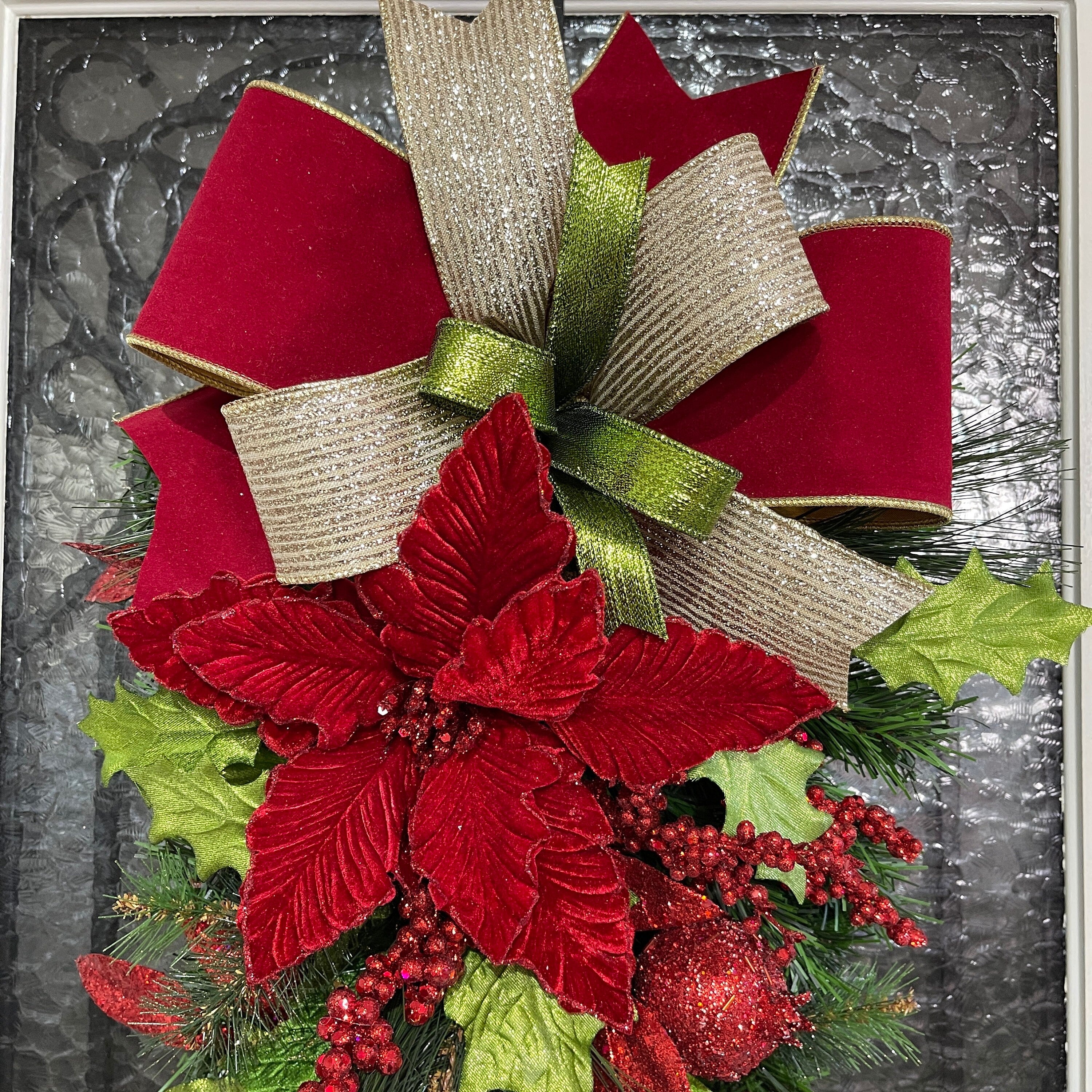 Christmas Poinsettia Swag Wreath, Red and Gold Poinsettia Swag