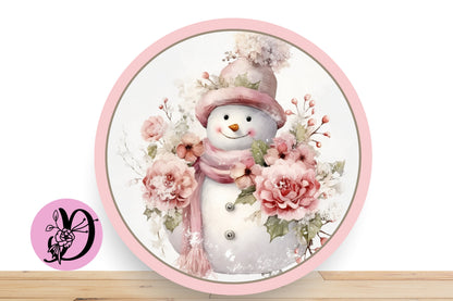Christmas Wreath Sign - Pink and White Snowman, Pink Floral, Snowy Background