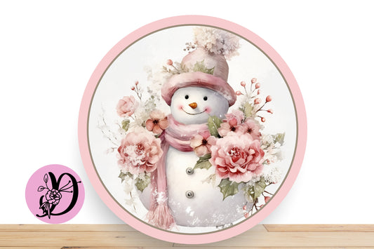 Christmas Wreath Sign - Pink and White Snowman, Pink Floral, Snowy Background