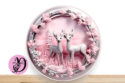 Pink Christmas Deer Wreath Sign, Pink and Silver-Gray Round Deer Wreath Sign