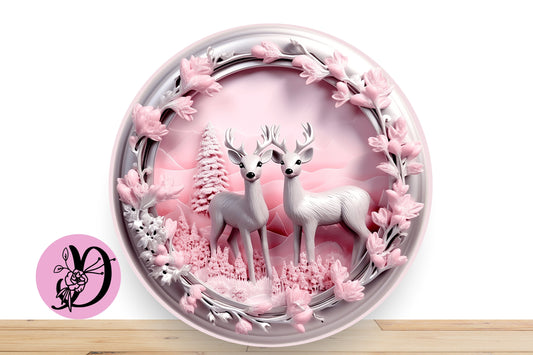 Pink Christmas Deer Wreath Sign, Pink and Silver-Gray Round Deer Wreath Sign
