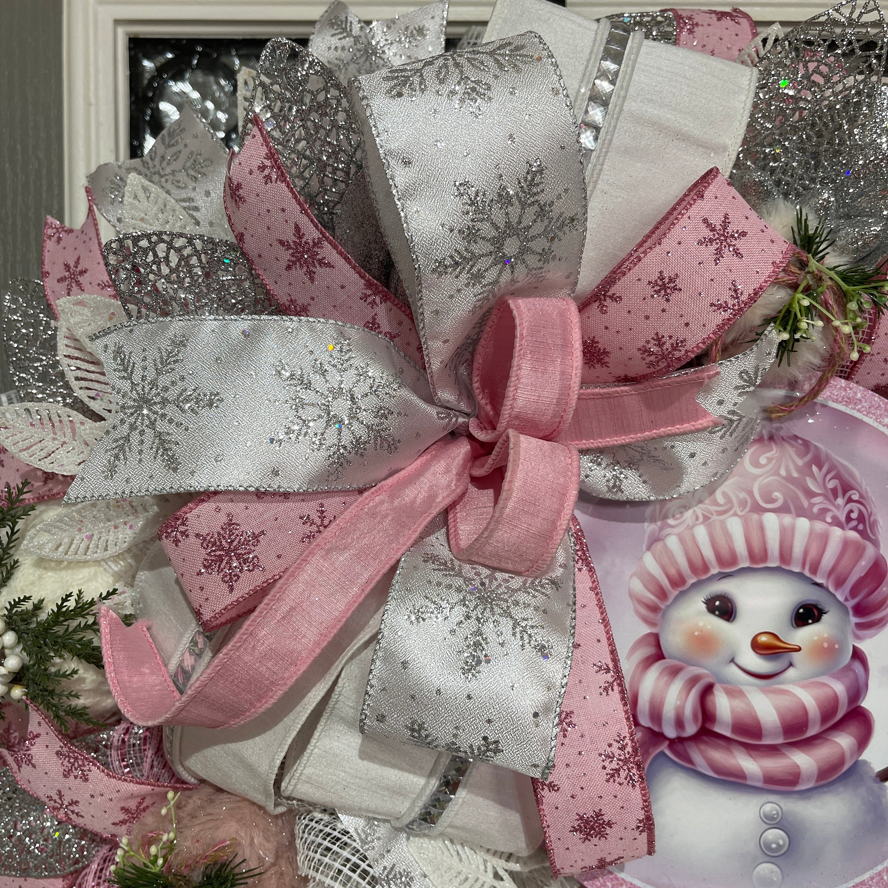 Christmas Pink Snowman Wreath, Snowman Pink Wreath, Christmas Decorations,