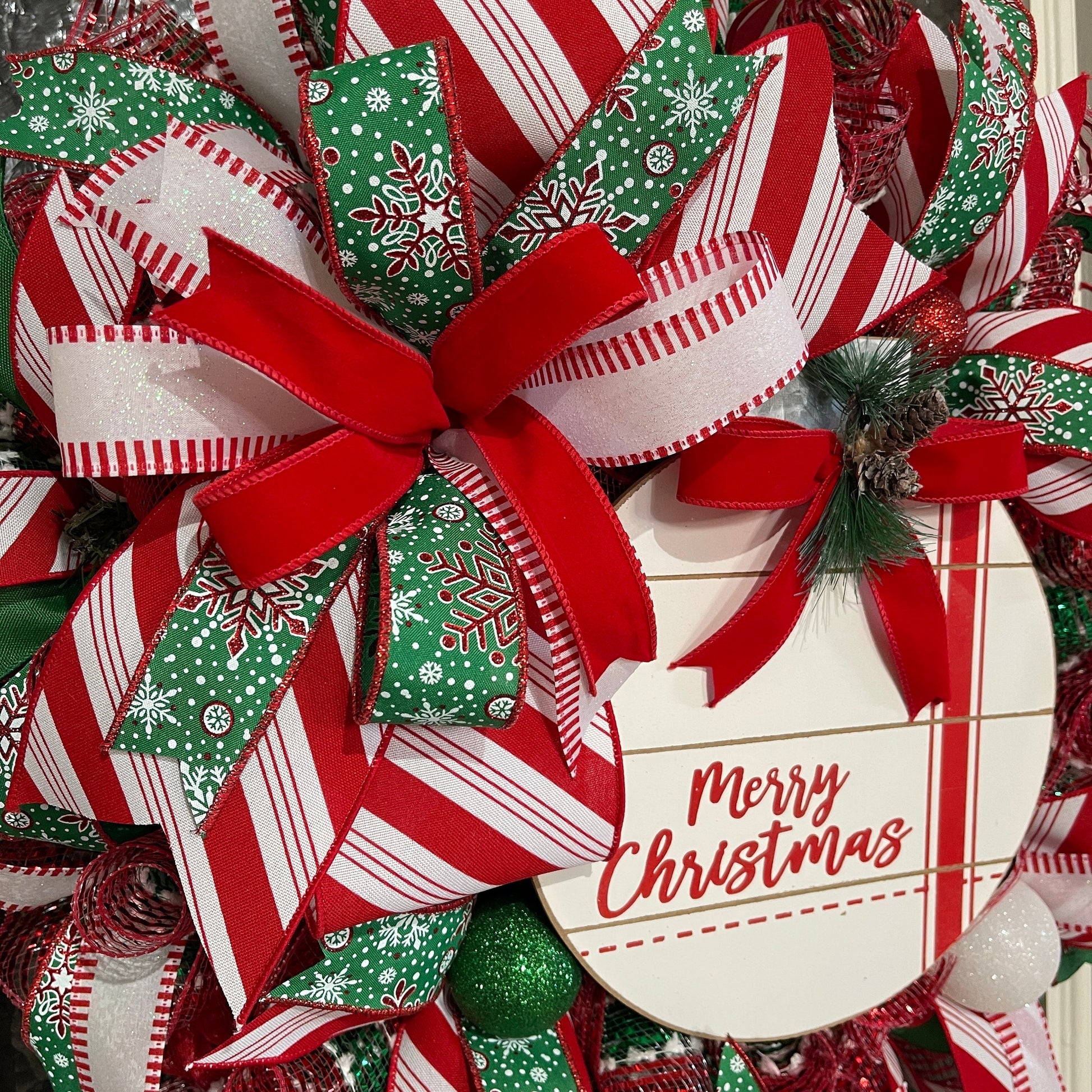 Handmade Merry Christmas Wreath - Festive Red and Green Holiday Door Decor - Christmas Ribbon Wreath with Merry Christmas Sign