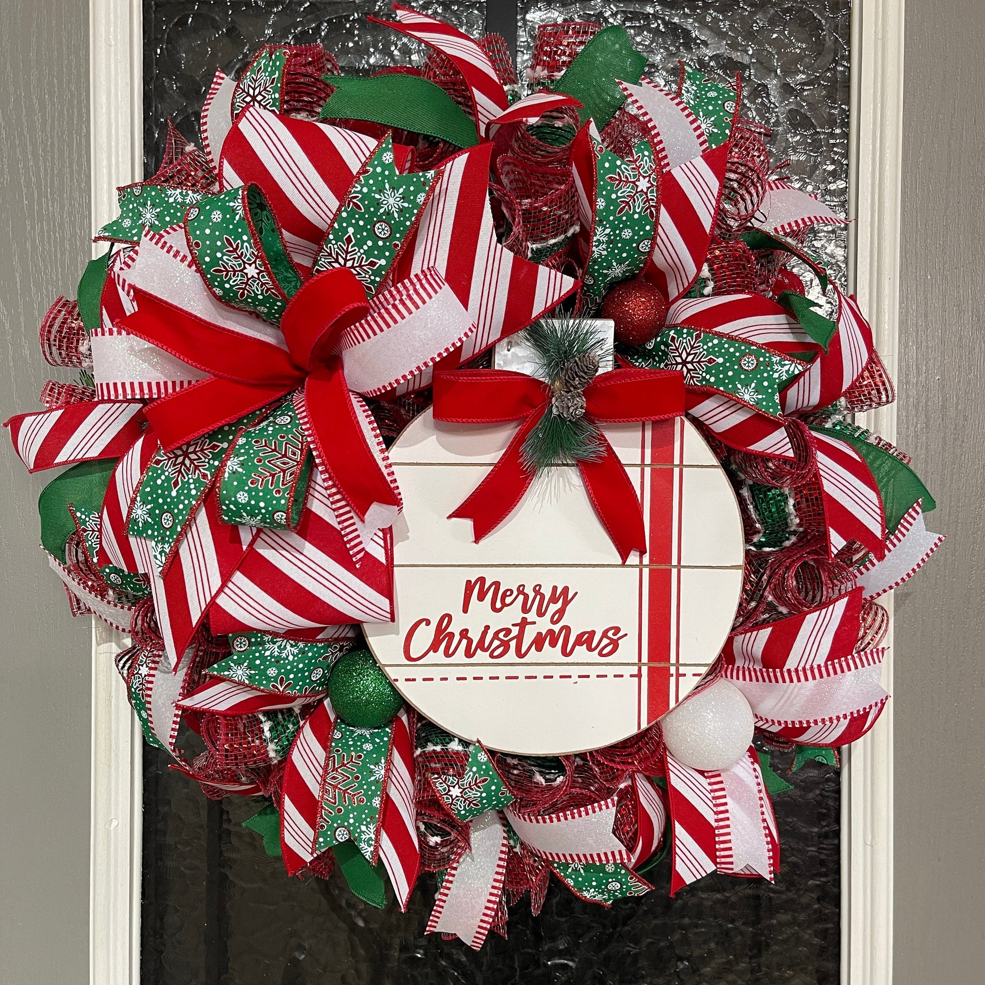 Handmade Merry Christmas Wreath - Festive Red and Green Holiday Door Decor - Christmas Ribbon Wreath with Merry Christmas Sign