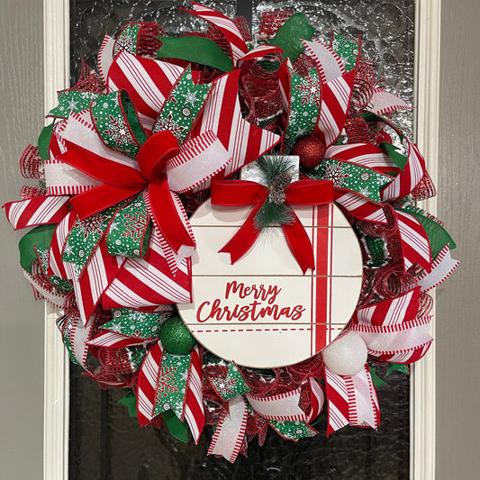 Handmade Merry Christmas Wreath - Festive Red and Green Holiday Door Decor - Christmas Ribbon Wreath with Merry Christmas Sign