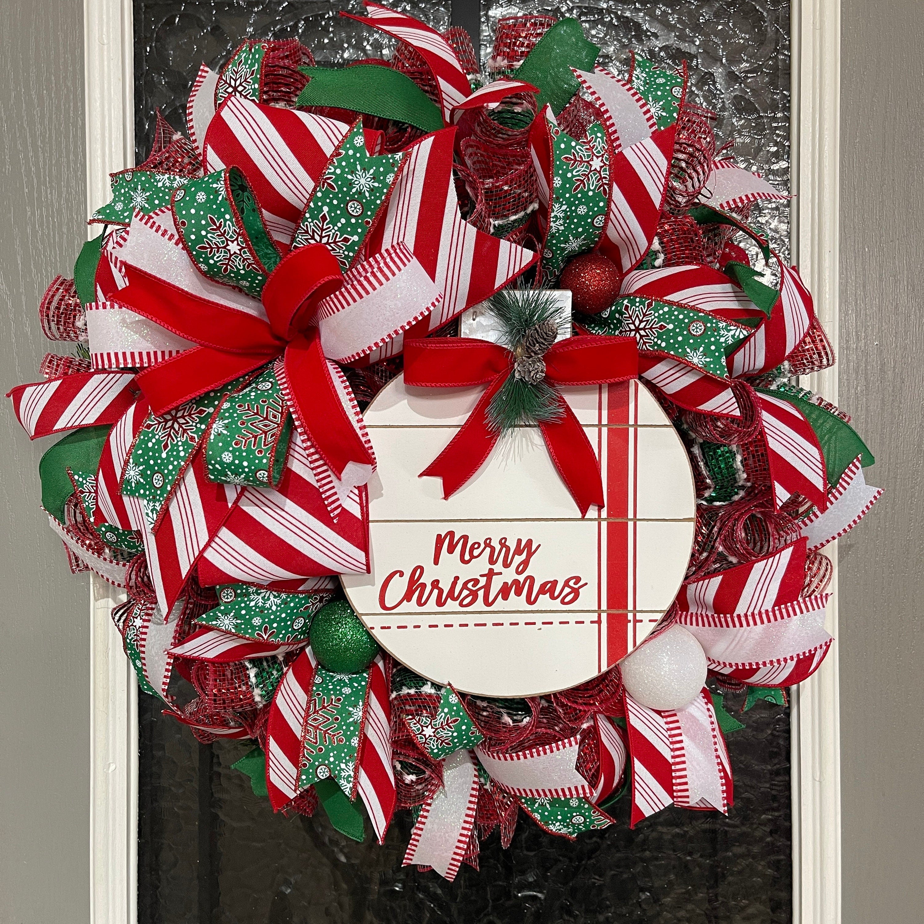 Handmade Merry Christmas Wreath - Festive Red and Green Holiday Door Decor - Christmas Ribbon Wreath with Merry Christmas Sign