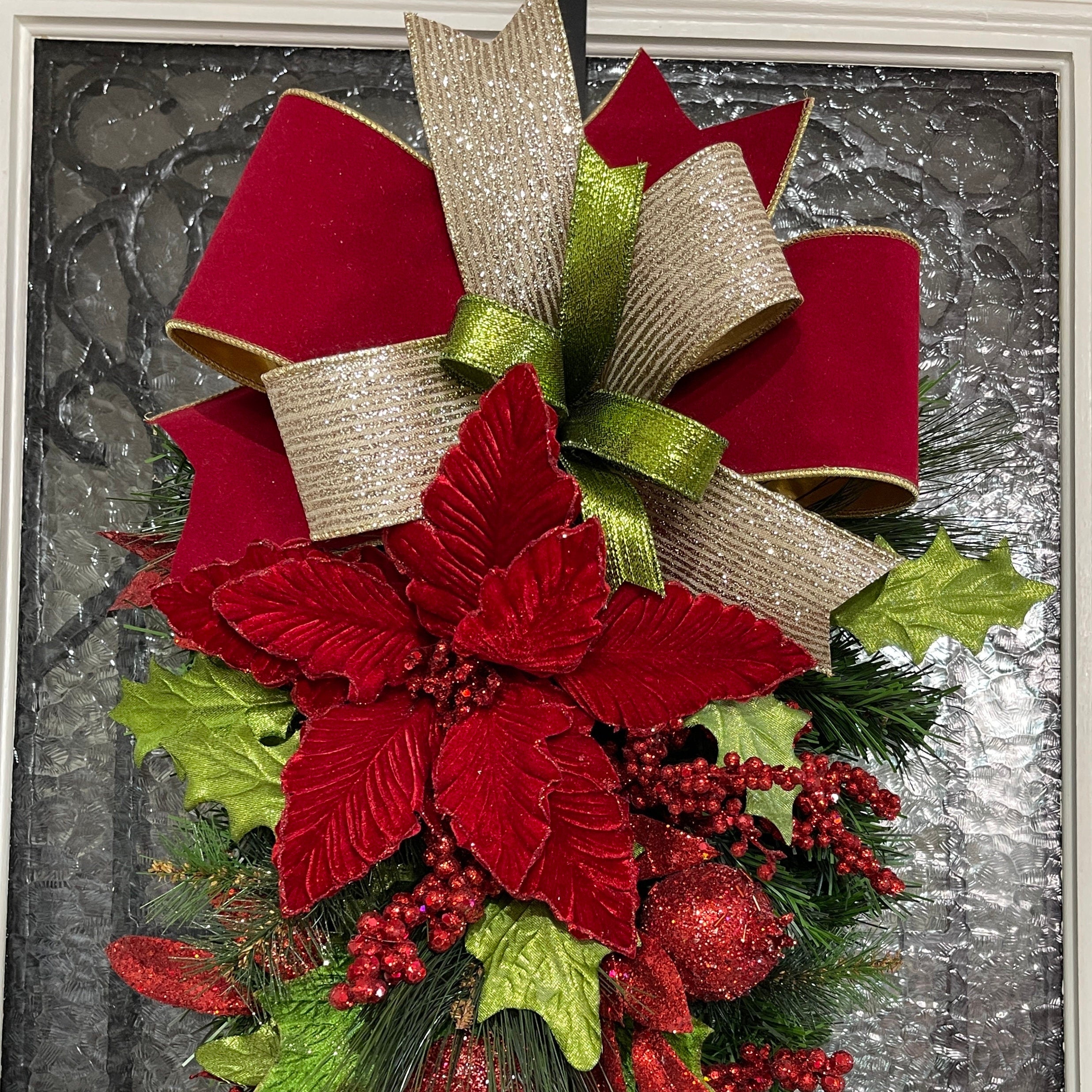 Christmas Poinsettia Swag Wreath, Red and Gold Poinsettia Swag
