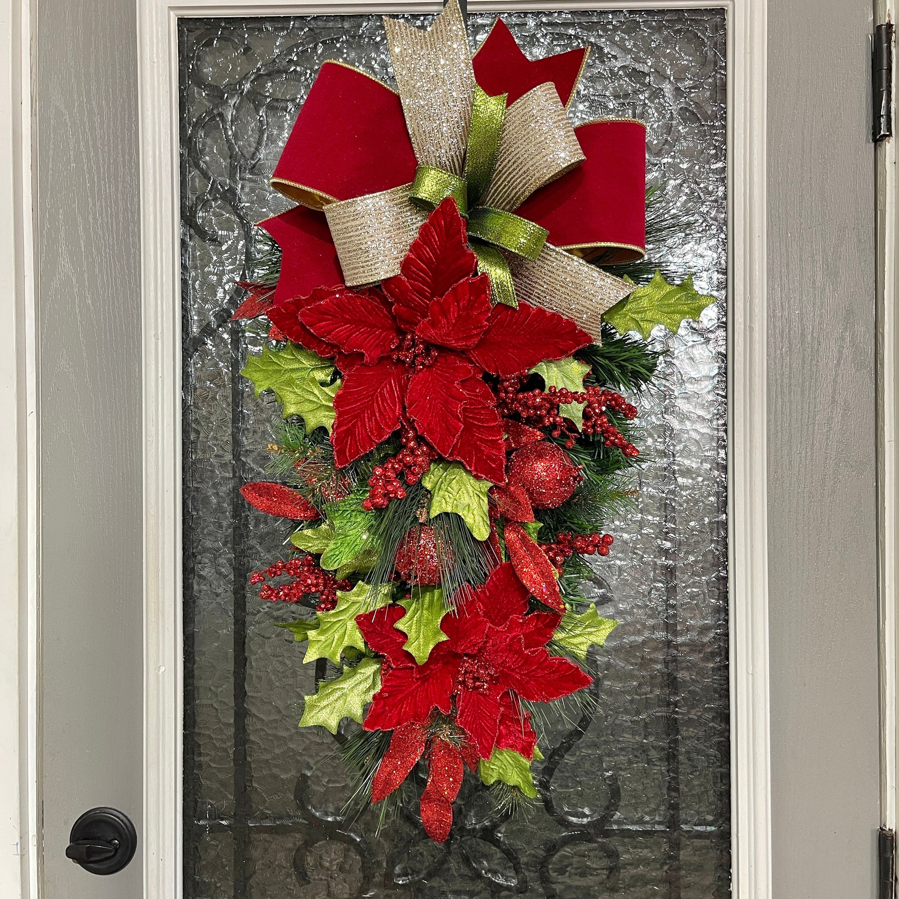 Christmas Poinsettia Swag Wreath, Red and Gold Poinsettia Swag