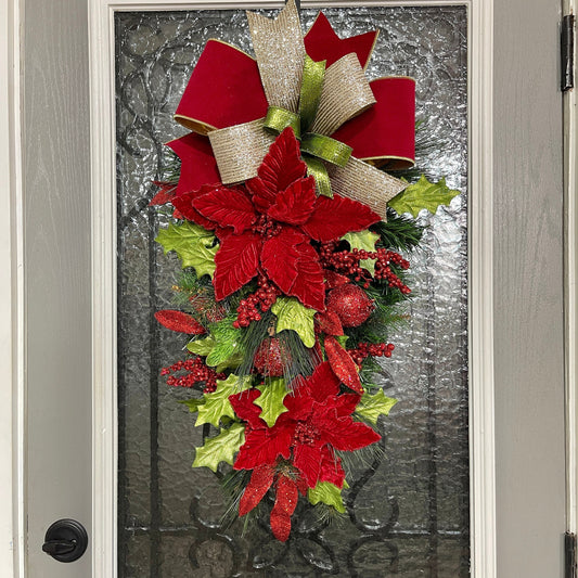 Christmas Poinsettia Swag Wreath, Red and Gold Poinsettia Swag