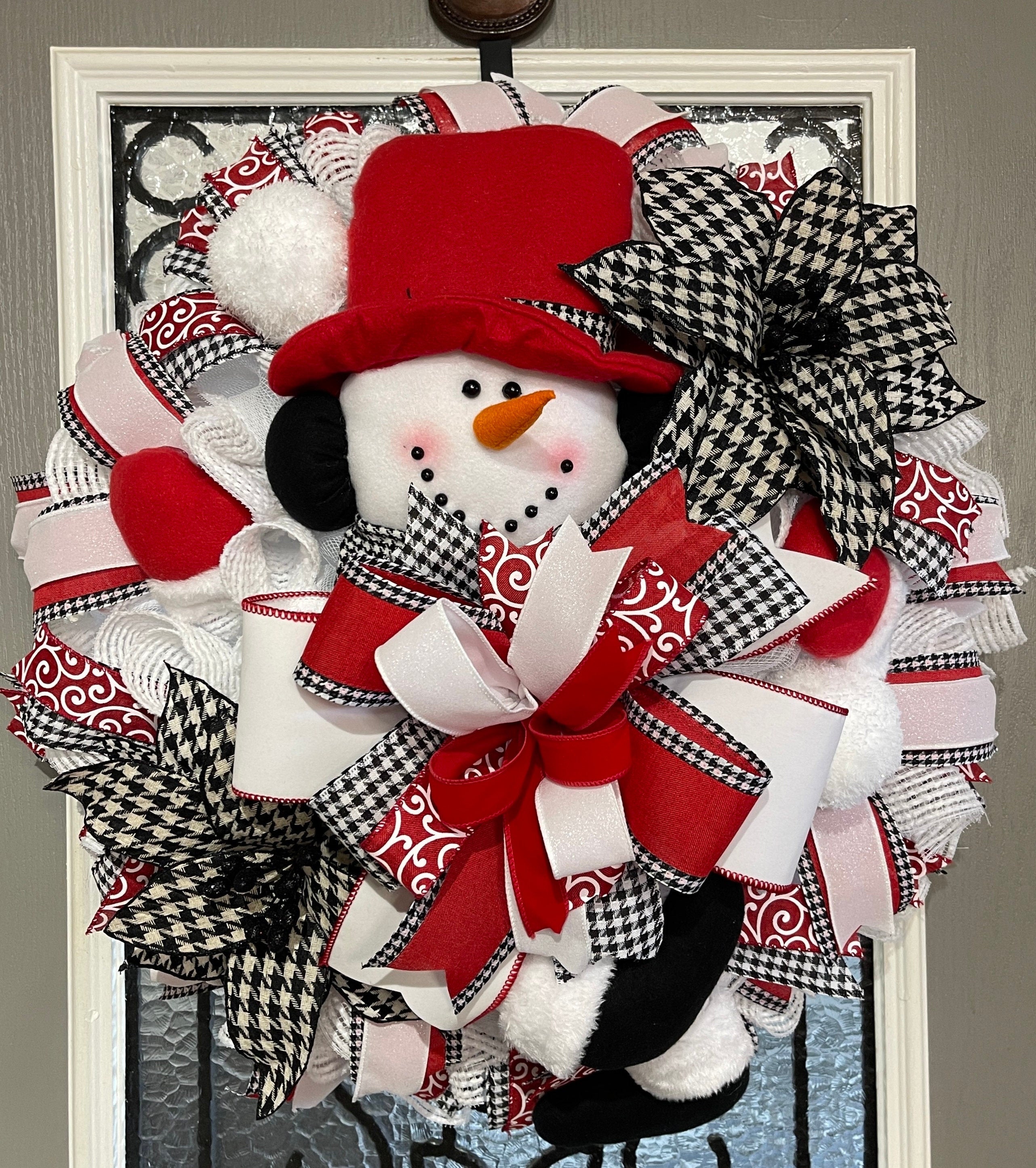 Christmas Snowman Wreath, 27 inch diamenter, Black and White houndstiith poinsettias, Snowman with legs and mittens