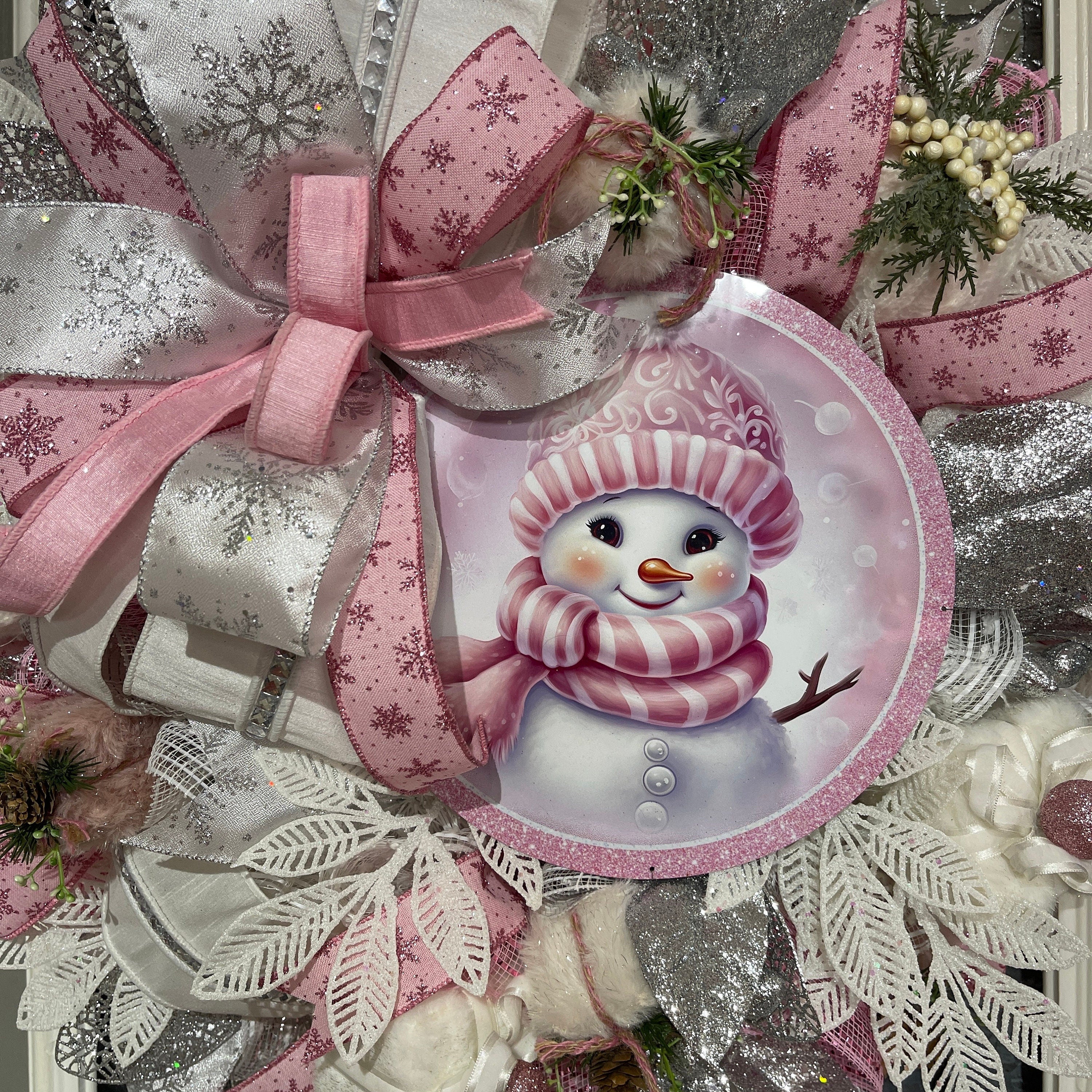 Christmas Pink Snowman Wreath, Snowman Pink Wreath, Christmas Decorations,