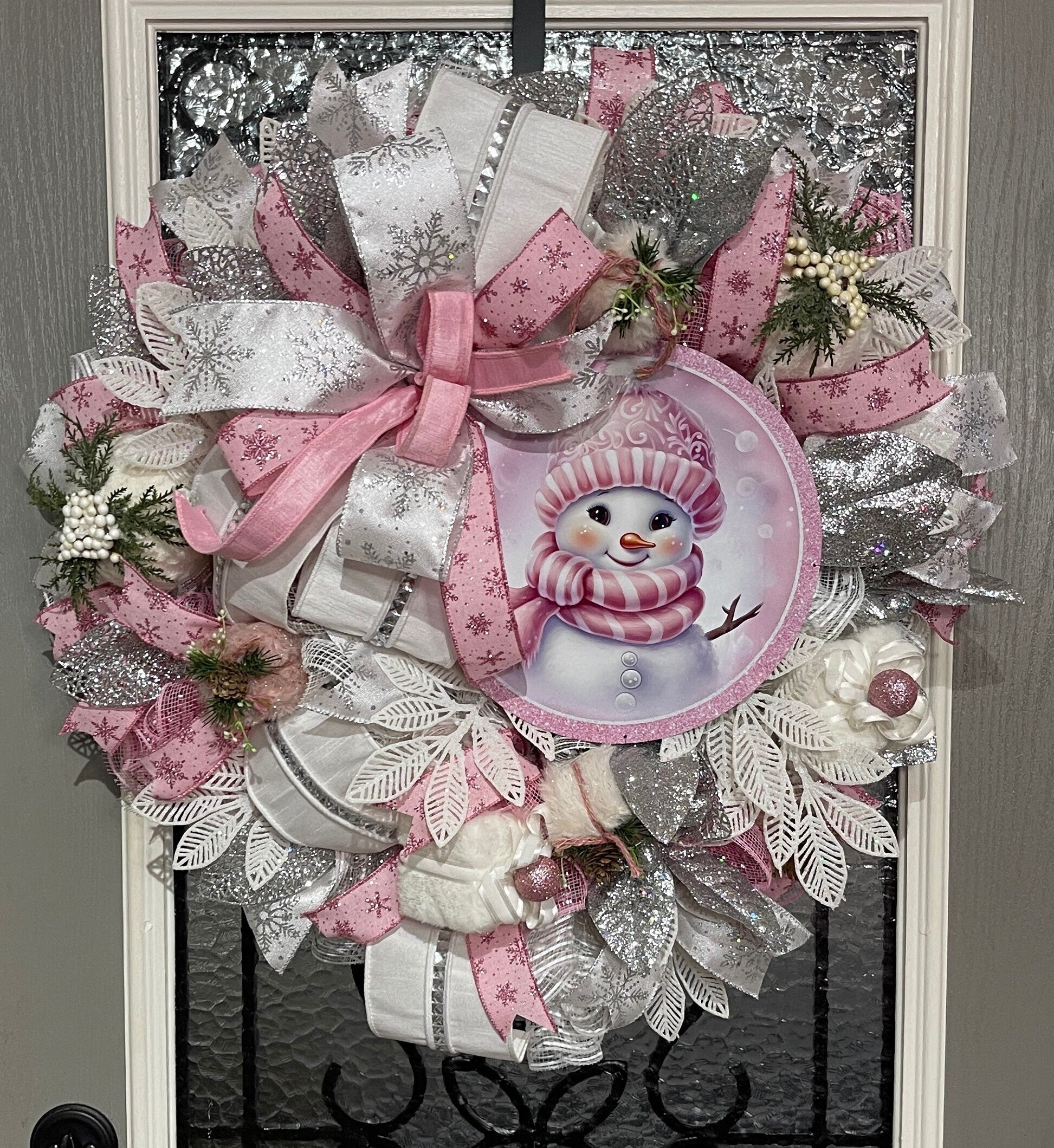 Christmas Pink Snowman Wreath, Snowman Pink Wreath, Christmas Decorations,