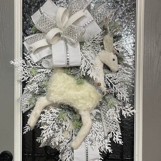 Christmas Reindeer Deer Swag Wreath - Flocked Evergreen Reindeer Swag