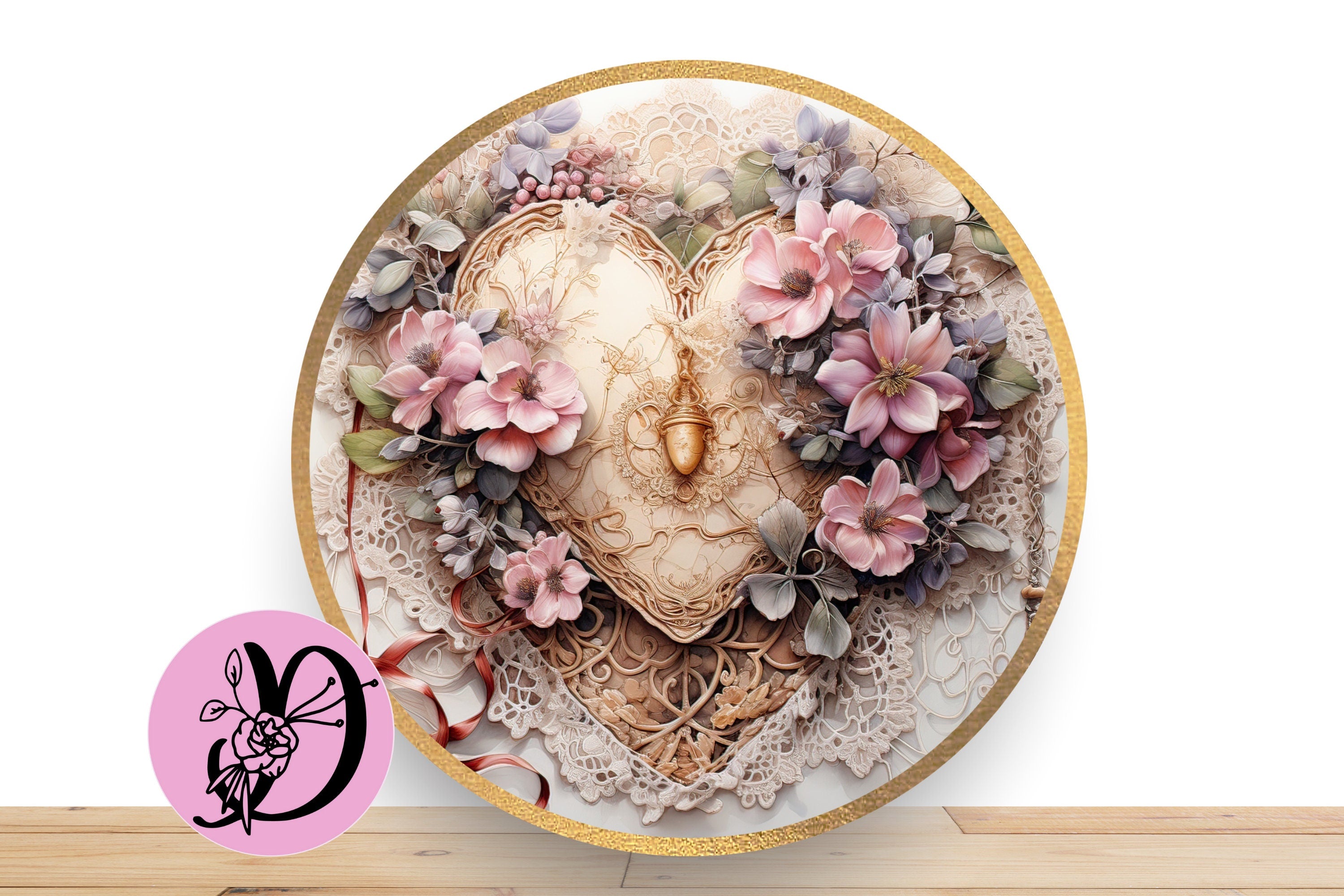 Valentine Vintage Rose And Lace Wreath Sign, Round Flat Aluminum Sign for Wreath,