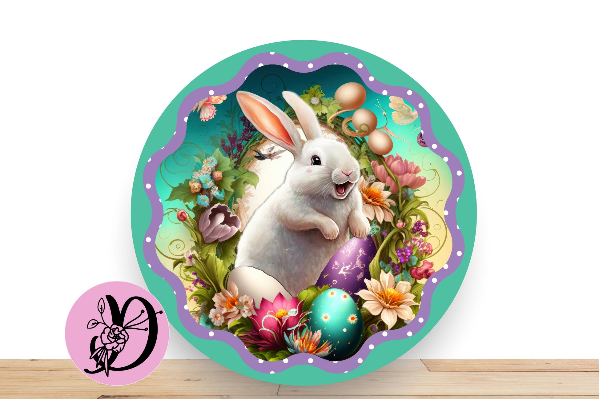 Easter Wreath Sign, White Rabbit Sign For Wreath, Round Metal Sign