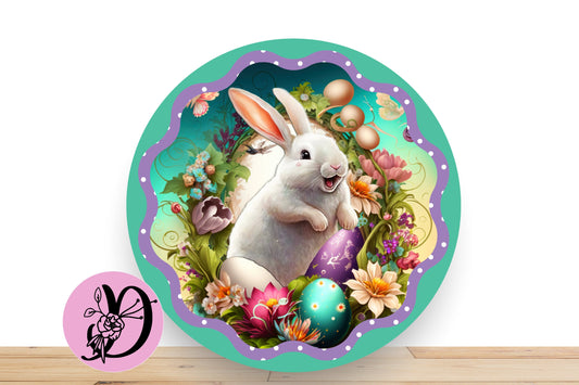 Easter Wreath Sign, White Rabbit Sign For Wreath, Round Metal Sign