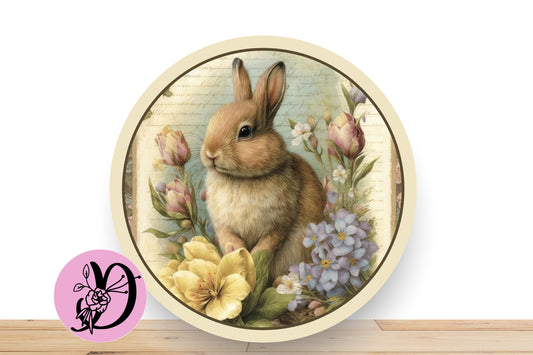 Easter Rabbit Wreath Sign With Pink, Yellow and Blush Florals, Round Flat Aluminum Sign For Wreath