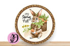 Spring Bunny Wreath Sign, Bunny With Large Polka Dot Bow Carring A Basket of Carrots, Round Flat Aluminum Sign For Wreath