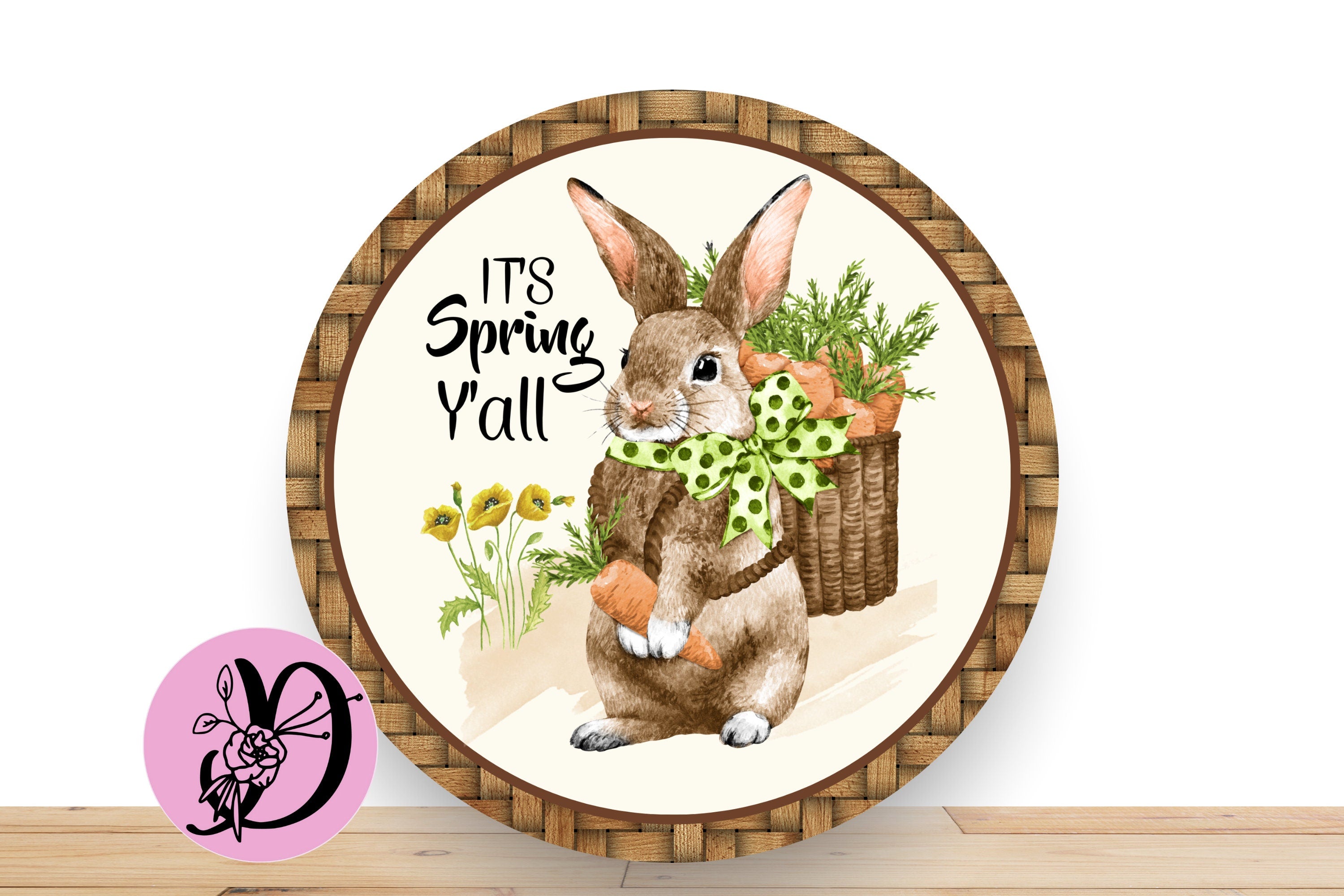 Spring Bunny Wreath Sign, Bunny With Large Polka Dot Bow Carring A Basket of Carrots, Round Flat Aluminum Sign For Wreath