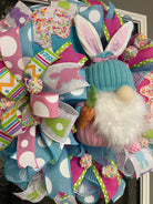 Easter Gnome Bunny Wreath, Whimsical Turquoise and Pink Gnome with Lollipops, Marshmallows, and Easter Eggs