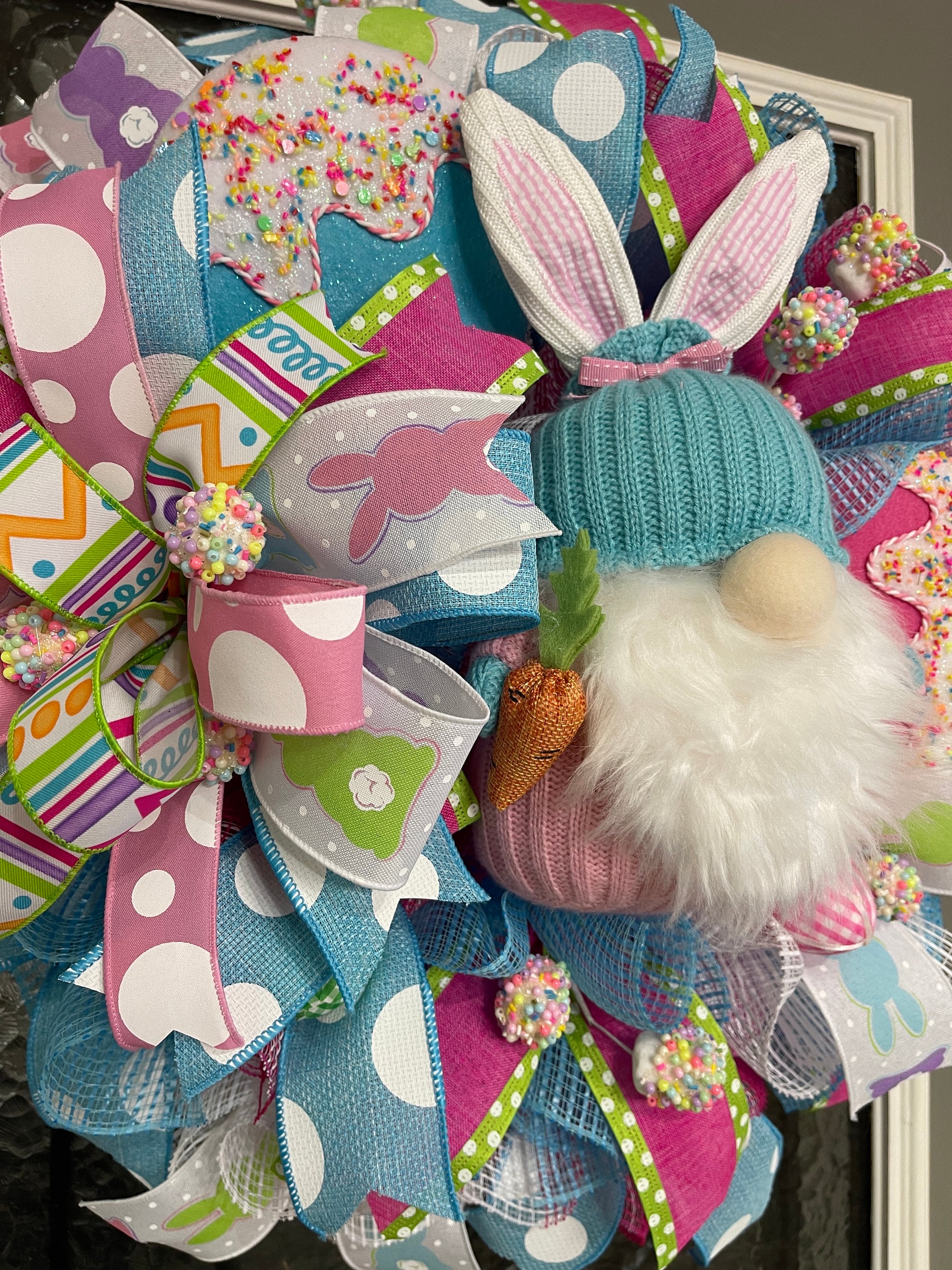 Easter Gnome Bunny Wreath, Whimsical Turquoise and Pink Gnome with Lollipops, Marshmallows, and Easter Eggs