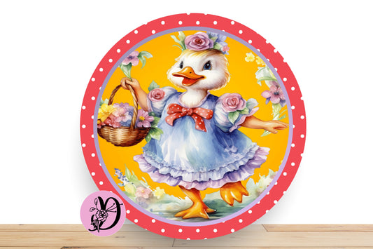 Easter Wreath Sign, Easter Vintage Duck with Forals and Polka Dots, Round Flat Aluminum Sign for Wreath