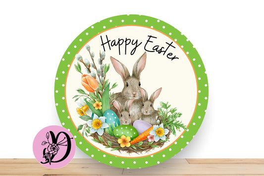 Happy Easter Bunny Wreath Sign with Polka Dots, Round Flat Aluminum Sign For Wreath