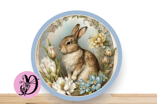 Easter Wreath Sign, Bunny With Light Blue Florals, Round Flat Aluminum Sign For Wreath