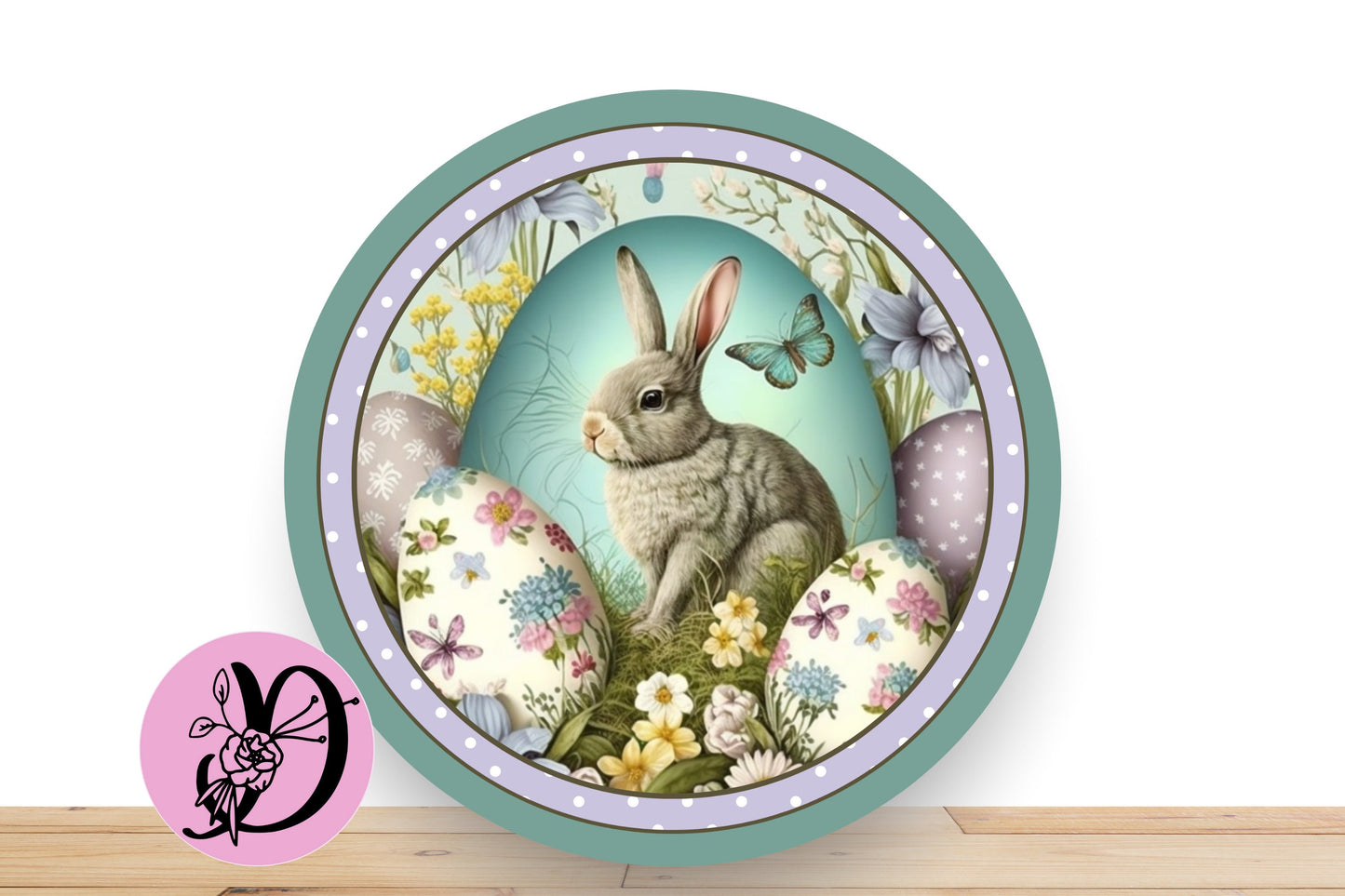 Easter Bunny Wreath Sign With Lavender Polka Dots and Teal, Flat Round Aluminum Sign for Wreath