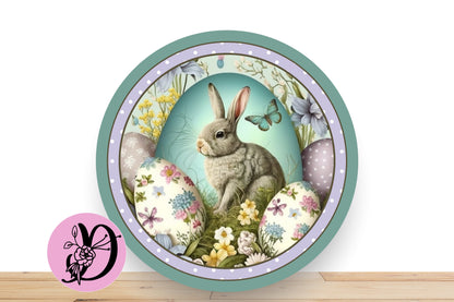 Easter Bunny Wreath Sign With Lavender Polka Dots and Teal, Flat Round Aluminum Sign for Wreath