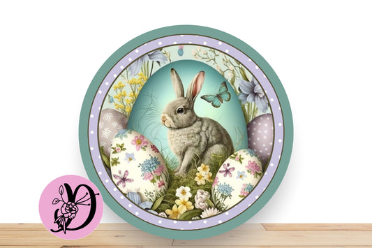 Easter Bunny Wreath Sign With Lavender Polka Dots and Teal, Flat Round Aluminum Sign for Wreath