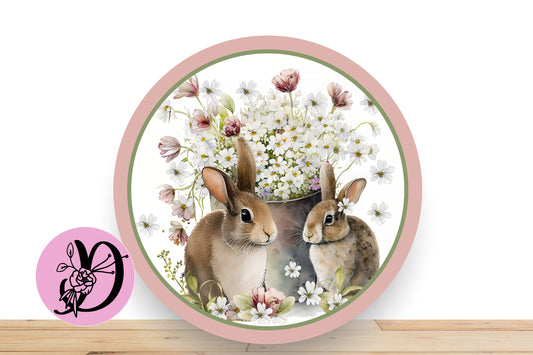 Easter Spring Wreath sign, Rabbit with Flowers Blush Pink, Flat Round Aluminum Sign For Wreath