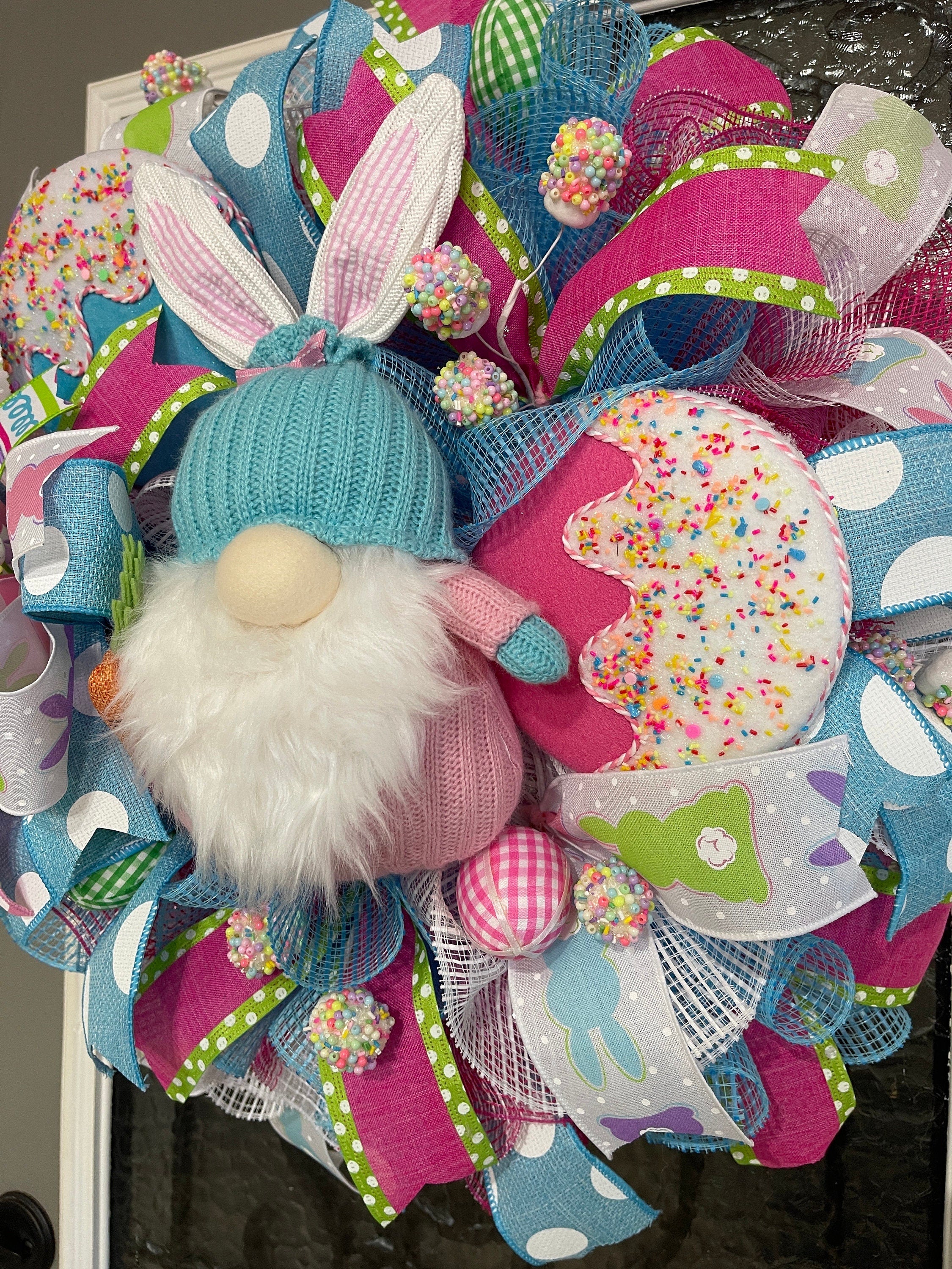 Easter Gnome Bunny Wreath, Whimsical Turquoise and Pink Gnome with Lollipops, Marshmallows, and Easter Eggs