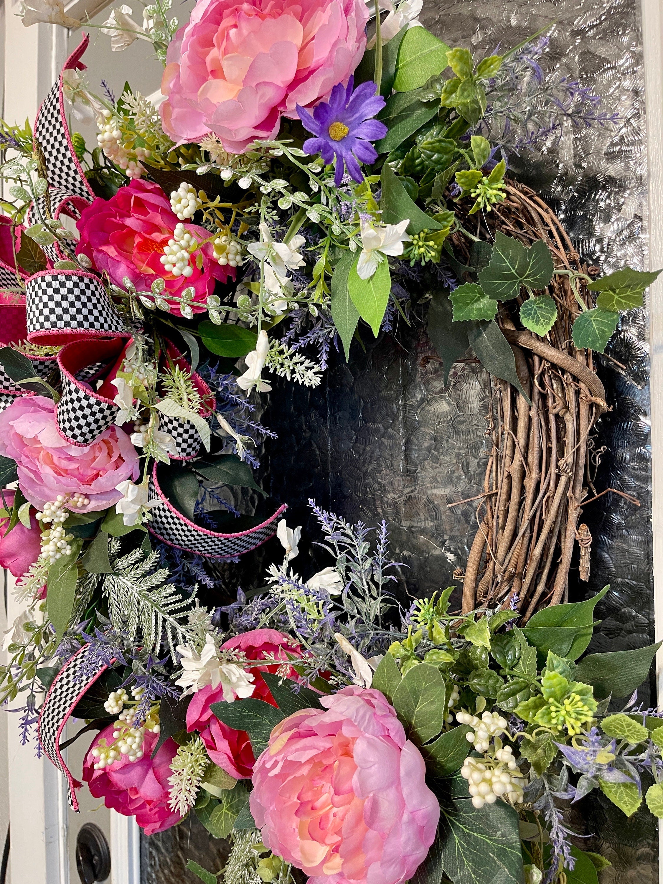 Pink Floral Grapevine Wreath, Summer Wreath, Mother's Day Wreath, Wreath for Front Door, French Countryside Wreath, Farmhouse Wreath,