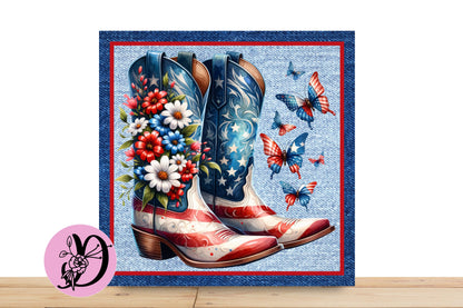 Patriotic Butterfly And Boots Wreath Sign, Square Flat Aluminum sign for wreath, Red White Blue Boots Butterflys With florals sign