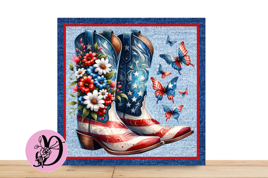 Patriotic Butterfly And Boots Wreath Sign, Square Flat Aluminum sign for wreath, Red White Blue Boots Butterflys With florals sign