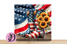 Patriotic Boot Wreath Sign, Square Flat Aluminum sign for wreath, Patriotic Boot With Sunflowers and Patriotic Flag in The Back Ground
