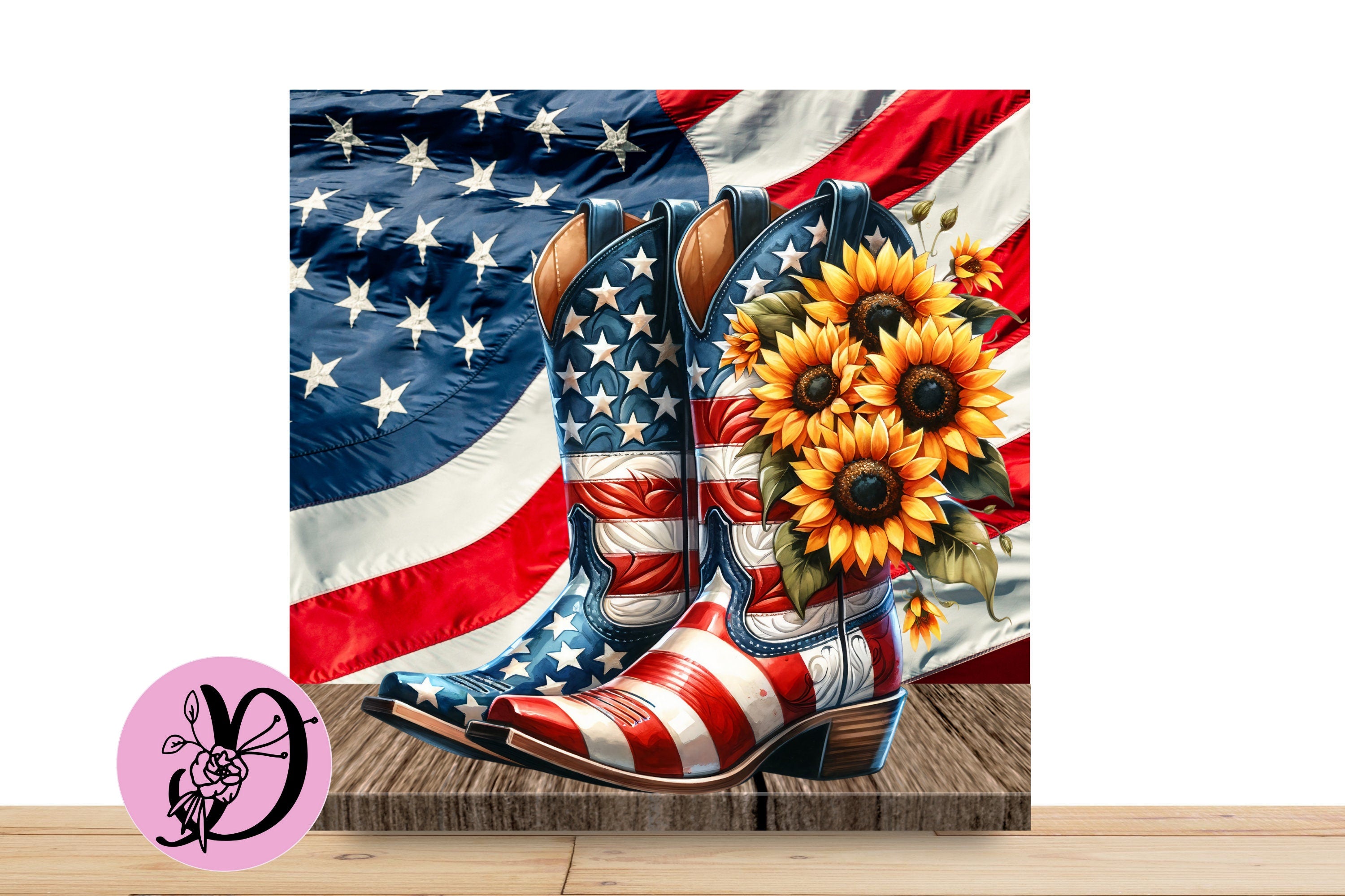 Patriotic Boot Wreath Sign, Square Flat Aluminum sign for wreath, Patriotic Boot With Sunflowers and Patriotic Flag in The Back Ground
