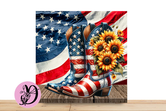 Patriotic Boot Wreath Sign, Square Flat Aluminum sign for wreath, Patriotic Boot With Sunflowers and Patriotic Flag in The Back Ground
