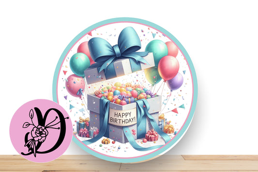 Happy Birthday Wreath Sign, Childerns Themed Happy Birthady Flate Aluminum Sign For Wreath, Birthday Sign With Presents and Ballons