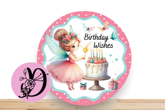Birthday Wishes Wreath Sign, Childerns Fairy Themed Happy Birthady Flate Aluminum Sign For Wreath, Birthday Sign With Fairy and Cake