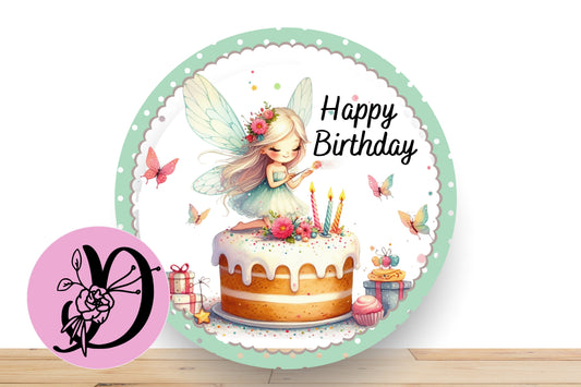Happy Birthday Wreath Sign, Childerns Fairy Themed Happy Birthady Flate Aluminum Sign For Wreath, Birthday Sign With Fairy and Cake