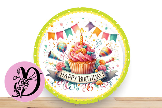 Happy Birthday Cupcake Wreath Sign, Happy Birthday Flate Aluminum Sign For Wreath, Birthday Sign With Bold Colors